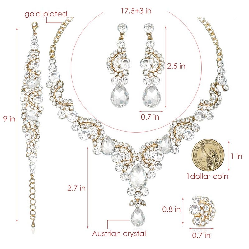 CSY 4 Pcs/Sets Elegant Crystal Necklace Earrings Bracelet Ring Bridal Wedding Costume Jewelry Sets for Brides Women Gifts (Gold Plated-White) - Image 2